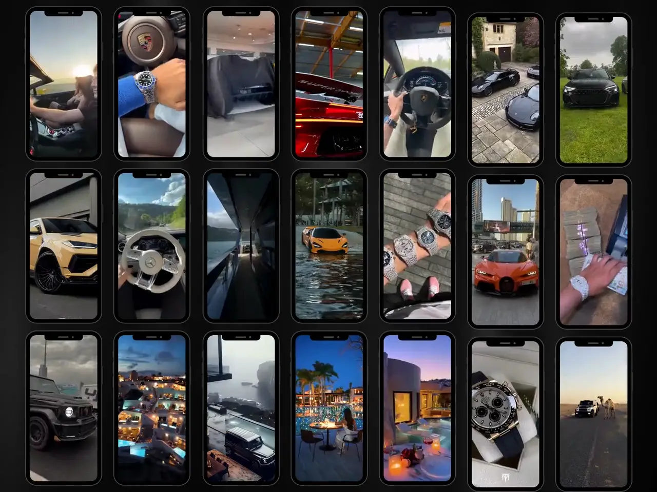 A collage of luxury cars and lifestyle clips captured on smartphones showcasing sleek designs and scenic views.